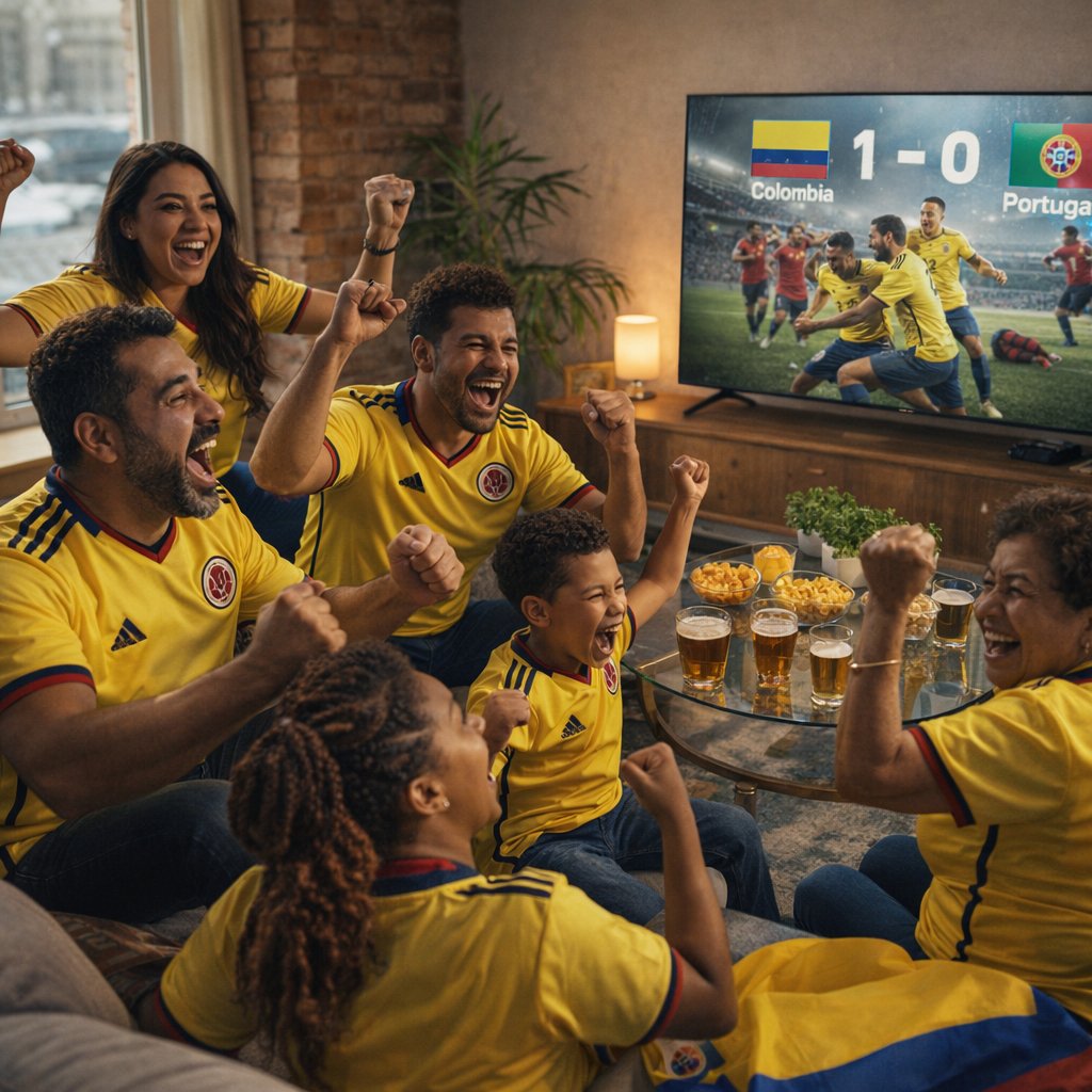 Familia disfrutando el partido de fútbol en un Smart TV Panasonic 4K